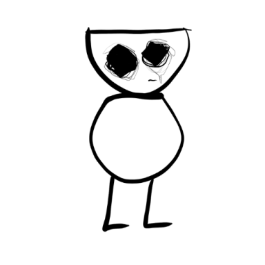 A hand-drawn doll like character outline in black with stylised facial features